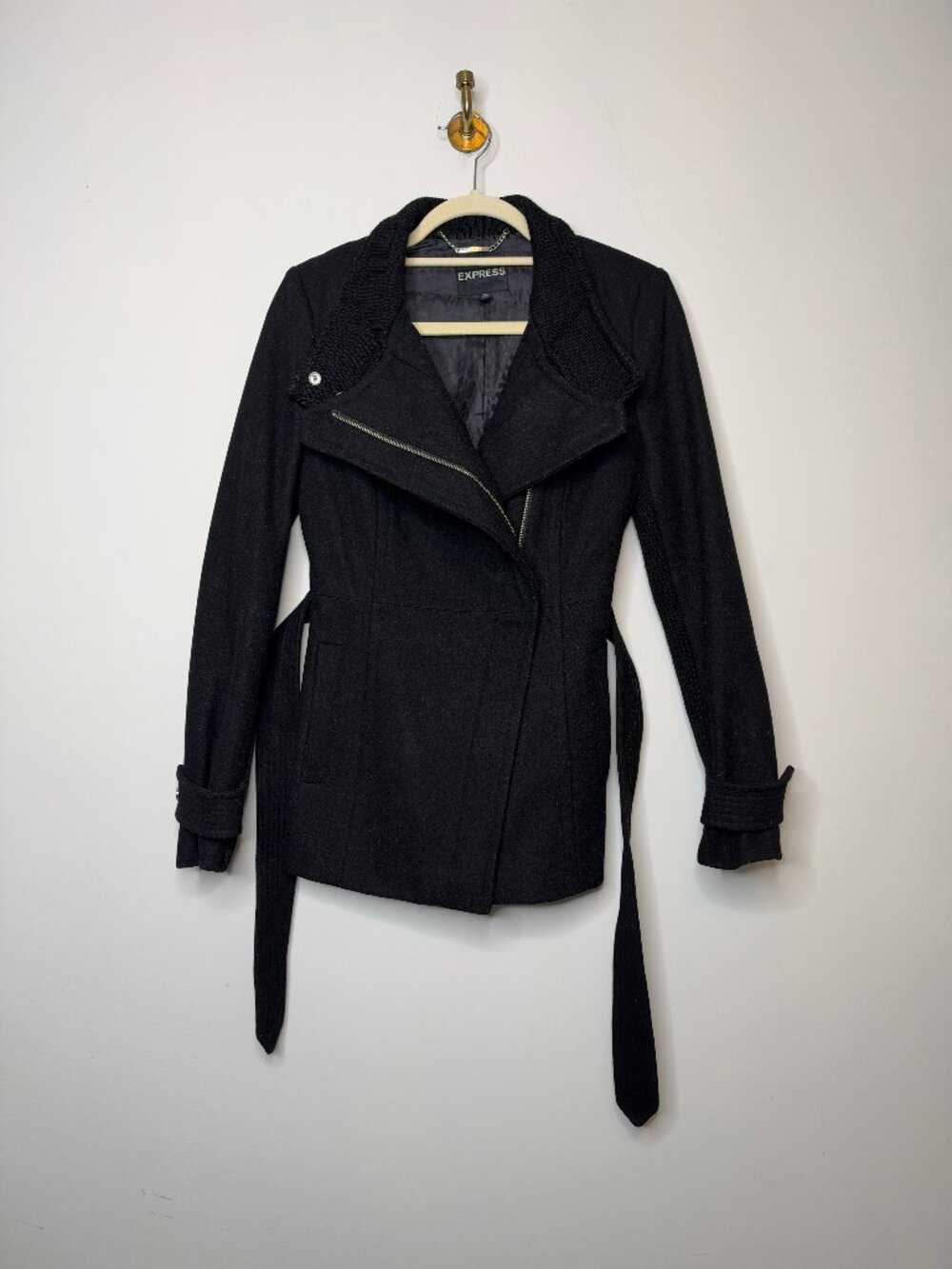 Express Women's Black Wool-Blend Asymmetrical Belted Pea Coat Size XS